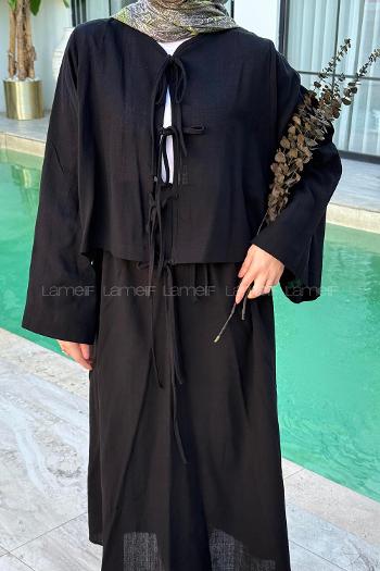 Lamelif Önü Bağlamalı Keten Takım Siyah