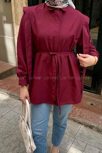 Lamelif Bel Bağlamalı Omuz Vatkalı Gömlek Bordo