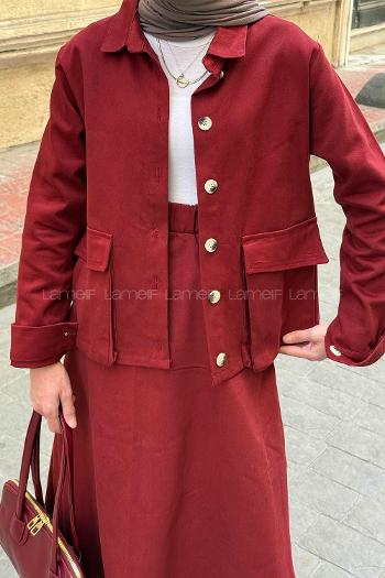 Lamelif Cep Detaylı İkili Etek  Tesettür Takım Bordo