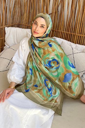 Lamelif Çiçek Desen Pamuk Şal Asker Yeşili