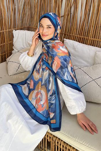 Lamelif Çiçek Desen Pamuk Şal Lacivert