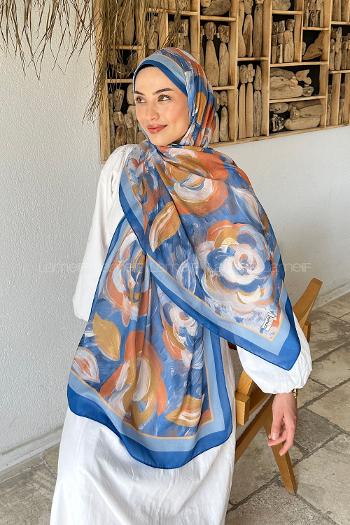 Lamelif Çiçek Desen Pamuk Şal Mavi