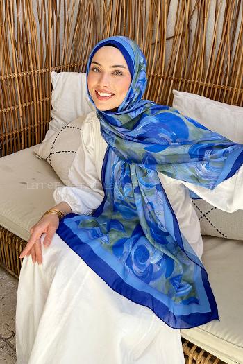 Lamelif Çiçek Desen Pamuk Şal Saks Mavisi