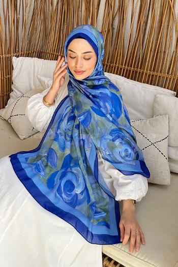 Lamelif Çiçek Desen Pamuk Şal Saks Mavisi