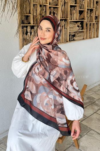 Lamelif Çiçek Desen Pamuk Şal Siyah Kahverengi