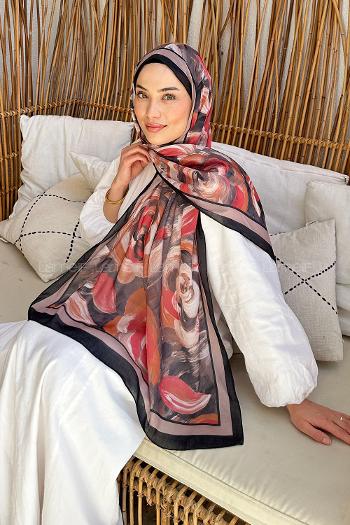 Lamelif Çiçek Desen Pamuk Şal Siyah Vizon