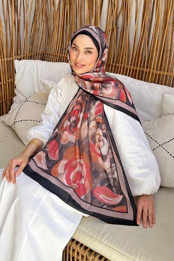 Lamelif Çiçek Desen Pamuk Şal Siyah Vizon