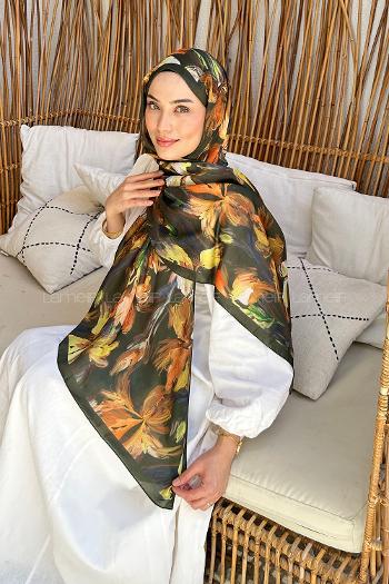 Lamelif Çicek Desen Soft Şal Haki