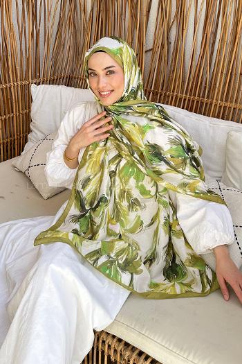 Lamelif Çicek Desen Soft Şal Yağ Yeşili