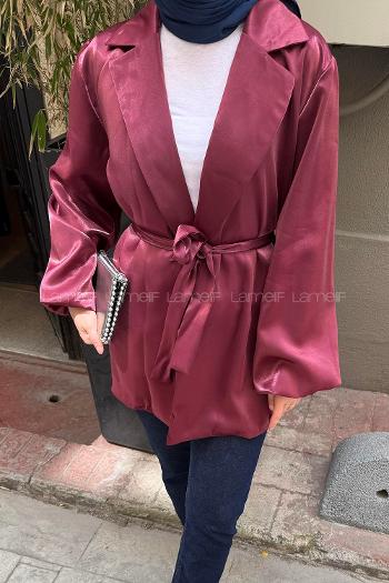 Lamelif Kuşaklı Organze Ceket Bordo
