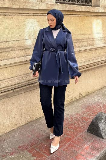 Lamelif Kuşaklı Organze Ceket Gece Mavisi