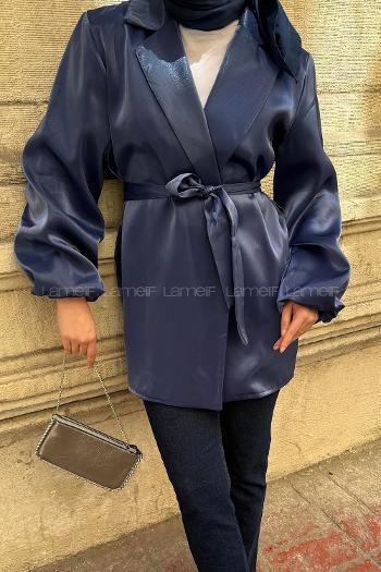 Lamelif Kuşaklı Organze Ceket Gece Mavisi