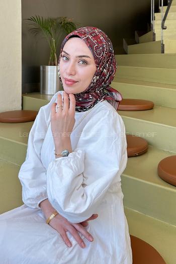 Lamelif Retro Desen Soft Eşarp Bordo Bej