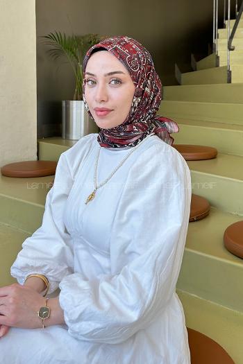 Lamelif Retro Desen Soft Eşarp Bordo Bej