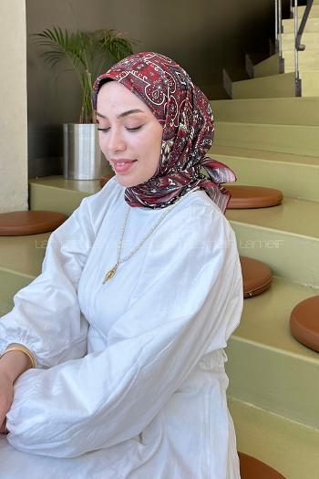 Lamelif Retro Desen Soft Eşarp Bordo Bej