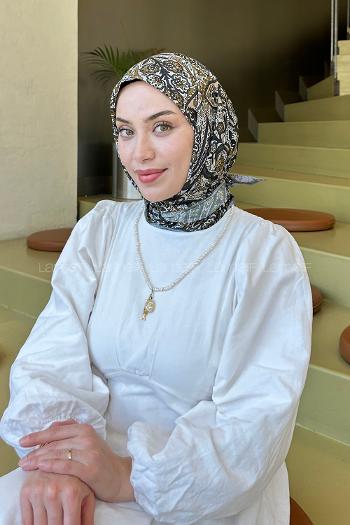 Lamelif Retro Desen Soft Eşarp Füme Camel