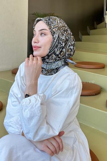 Lamelif Retro Desen Soft Eşarp Füme Camel