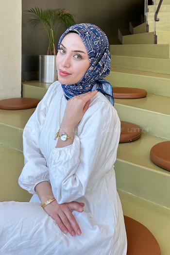 Lamelif Retro Desen Soft Eşarp Gece Mavisi