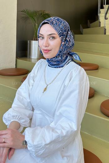 Lamelif Retro Desen Soft Eşarp Gece Mavisi