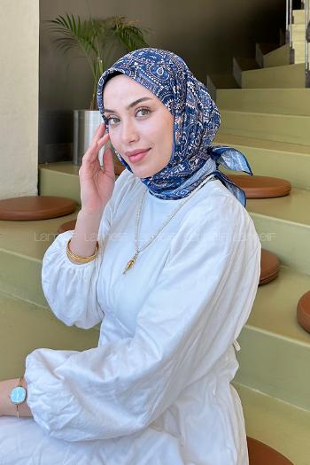 Lamelif Retro Desen Soft Eşarp Gece Mavisi