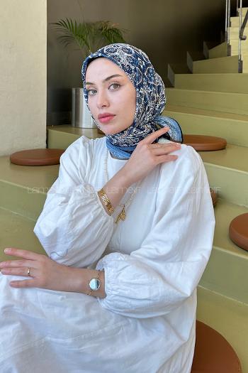 Midnight Blue Cotton Fabric Striped Flowering Straight Printed Scarf