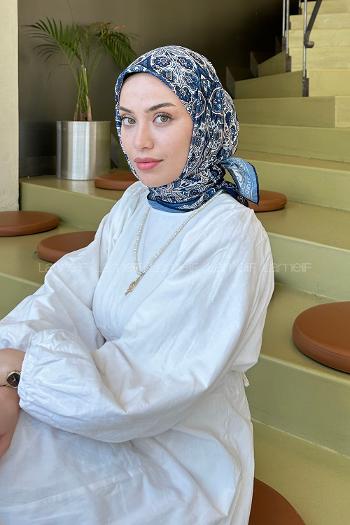 Midnight Blue Cotton Fabric Striped Flowering Straight Printed Scarf