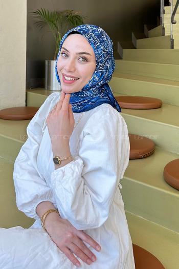 Lamelif Retro Desen Soft Eşarp Lacivert