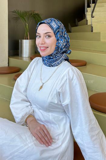 Lamelif Retro Desen Soft Eşarp Lacivert Mavi