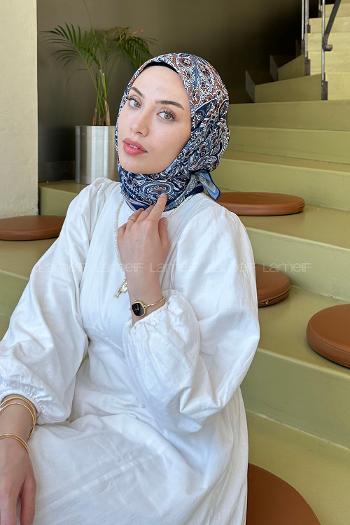 Lamelif Retro Desen Soft Eşarp Mavi