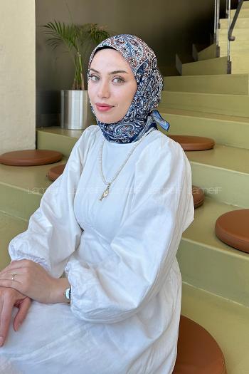 Lamelif Retro Desen Soft Eşarp Mavi