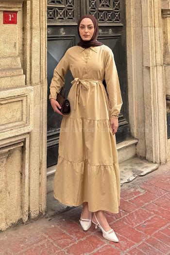 Lamelif Yarım Düğme Detaylı Terikoton Elbise Taş