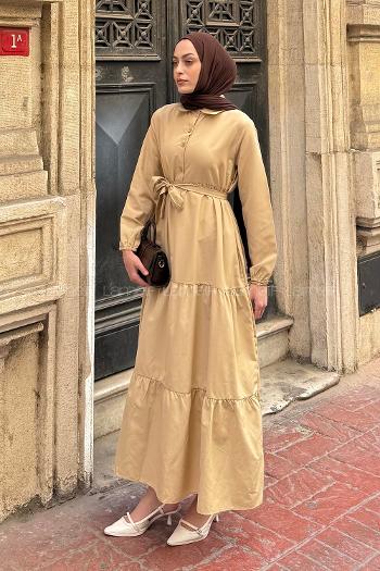 Lamelif Yarım Düğme Detaylı Terikoton Elbise Taş