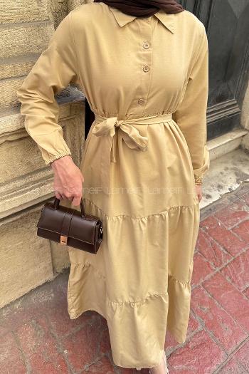 Lamelif Yarım Düğme Detaylı Terikoton Elbise Taş