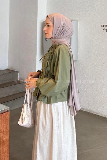 Lamelif Büzgü Detaylı Tesettür Gömlek Haki