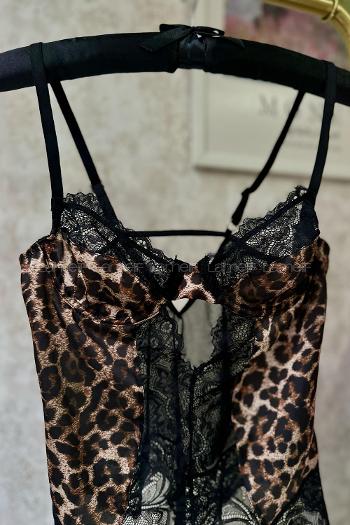 Lamelif Saten Leopar Dantel  Body Suit
