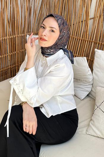 Lamelif Retro Desen Soft Eşarp Kahverengi Lacivert