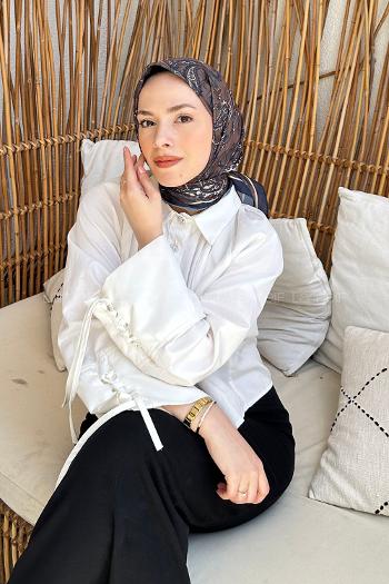 Lamelif Retro Desen Soft Eşarp Kahverengi Lacivert