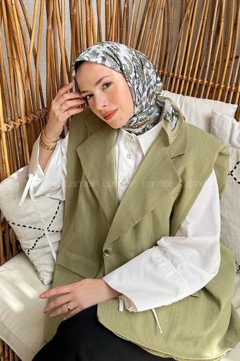 Lamelif Retro Desen Soft Eşarp Yağ Yeşili Kırık Beyaz