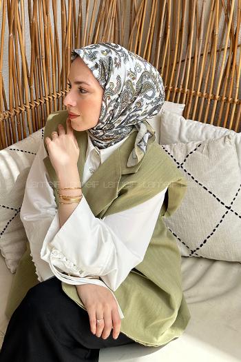 Lamelif Retro Desen Soft Eşarp Yağ Yeşili Kırık Beyaz
