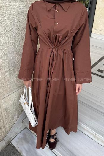 Lamelif Ön Bağlama Detaylı Tesettür Elbise Acı Kahve