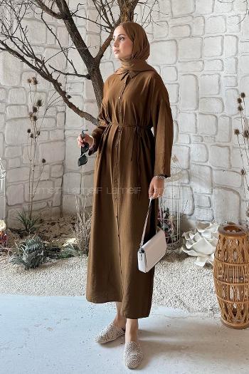 Lamelif Pat Detaylı Elbise Kahve