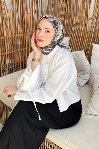 Lamelif Retro Desen Soft Eşarp Bej Siyah