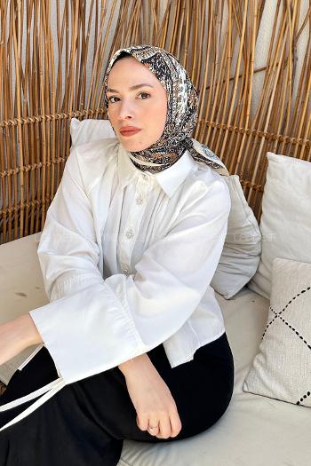 Lamelif Retro Desen Soft Eşarp Bej Siyah