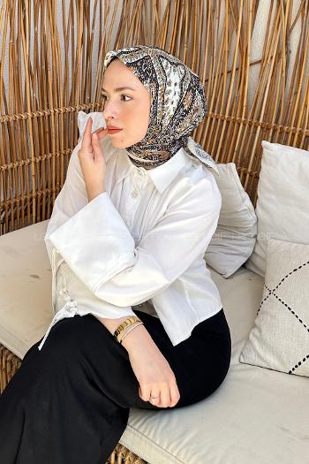 Lamelif Retro Desen Soft Eşarp Bej Siyah