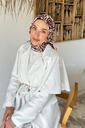 Lamelif Retro Desen Soft Eşarp Bordo Bej