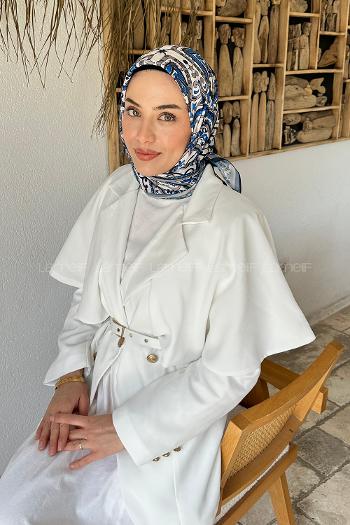 Lamelif Retro Desen Soft Eşarp Ekru Lacivert