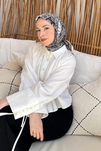 Lamelif Retro Desen Soft Eşarp Ekru Siyah