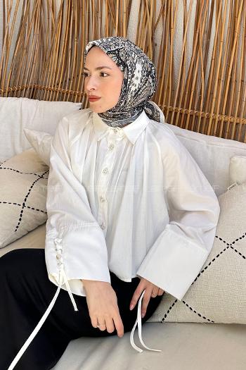 Lamelif Retro Desen Soft Eşarp Ekru Siyah