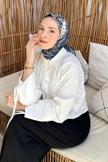 Lamelif Retro Desen Soft Eşarp Gece Mavisi