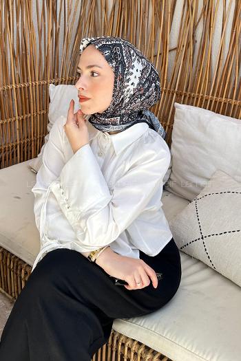 Lamelif Retro Desen Soft Eşarp Siyah Kahverengi